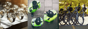 composite images of police officers, a row of watches and a collection of bikes