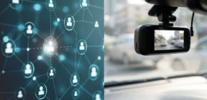 Photo composite showing car dashcam and a series of heads inter-connected in a network