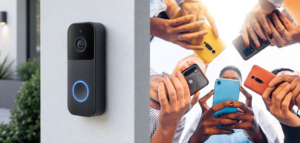 Ring doorbell and group of hands holding phones